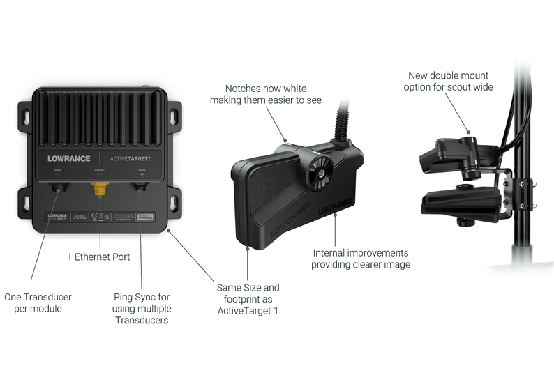 Lowrance ActiveTarget 2 Live-Sonar Komplettset mit Modul, Geber und Halterungen (Art.-Nr. 000-15959-001) in der Produktansicht
