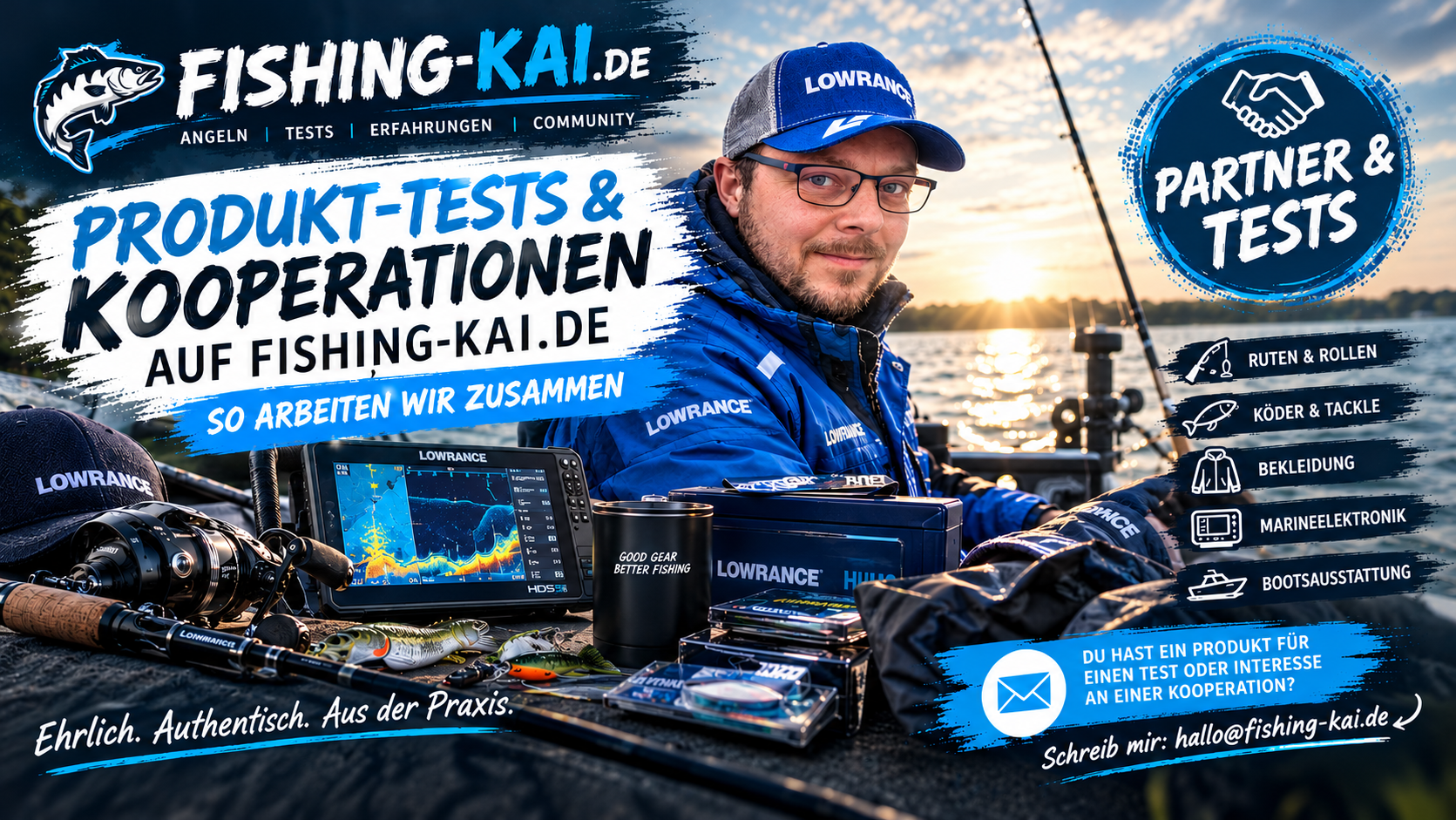 Produkt-Tests und Kooperationen auf Fishing-Kai.de mit Fokus auf ehrliches Raubfisch-Tackle, Marineelektronik und Praxiserfahrung