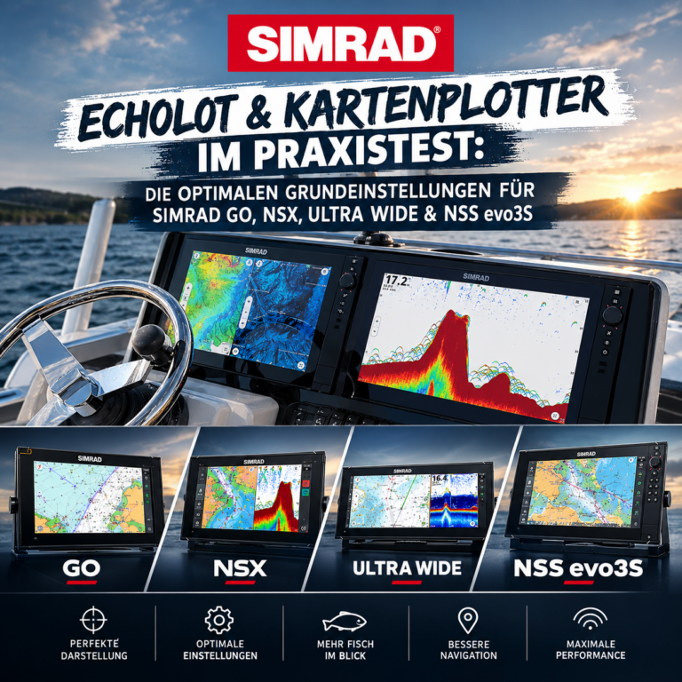 Beitragsbild-Collage für Simrad Echolot & Plotter Praxistest: GO, NSX, Ultra Wide und NSS evo3S im Vergleich