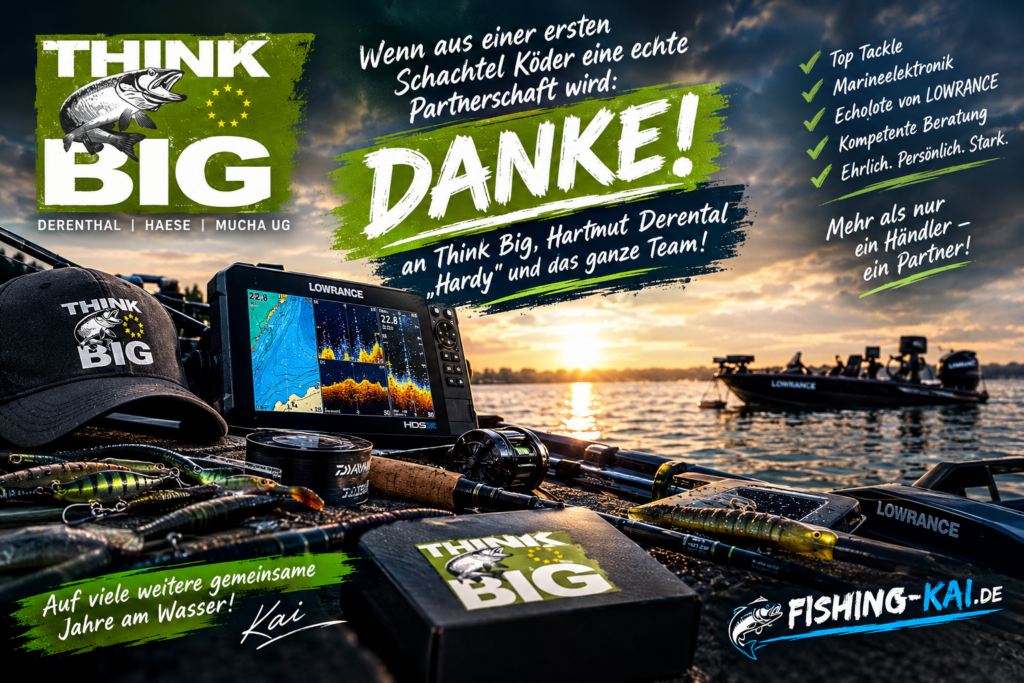 Dankesgrafik von Fishing-Kai an das Team von Think Big für die Partnerschaft. Im Vordergrund liegen Angelköder, eine Think Big Kappe und ein Lowrance HDS Echolot vor einem See im Sonnenuntergang.
