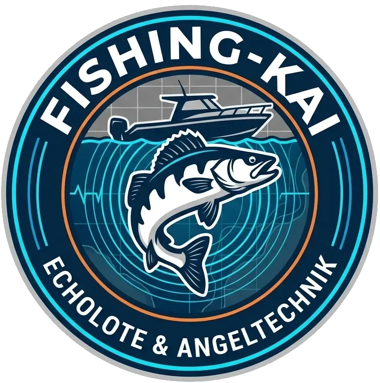 Logo von fishing-kai.de mit Raubfisch, Echolot-Sonarwellen und Angelboot – Echolote & Angeltechnik
